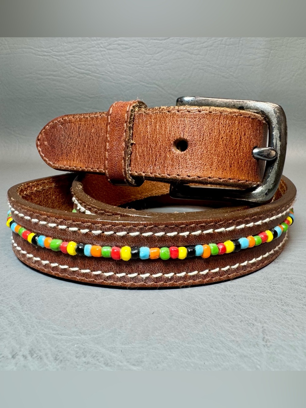 J.Crew Rainbow Beaded Brown Leather Native 1” Wide Belt Metal Buckle Fits 31-35”